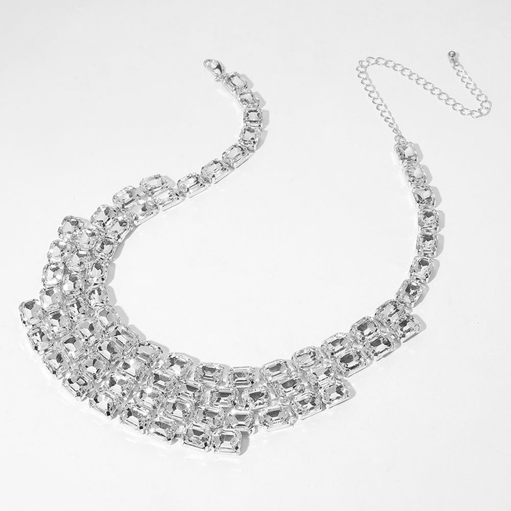 iLLASPARKZ Emerald Cut Glass Stone Cluster Layered Collar Evening Necklace