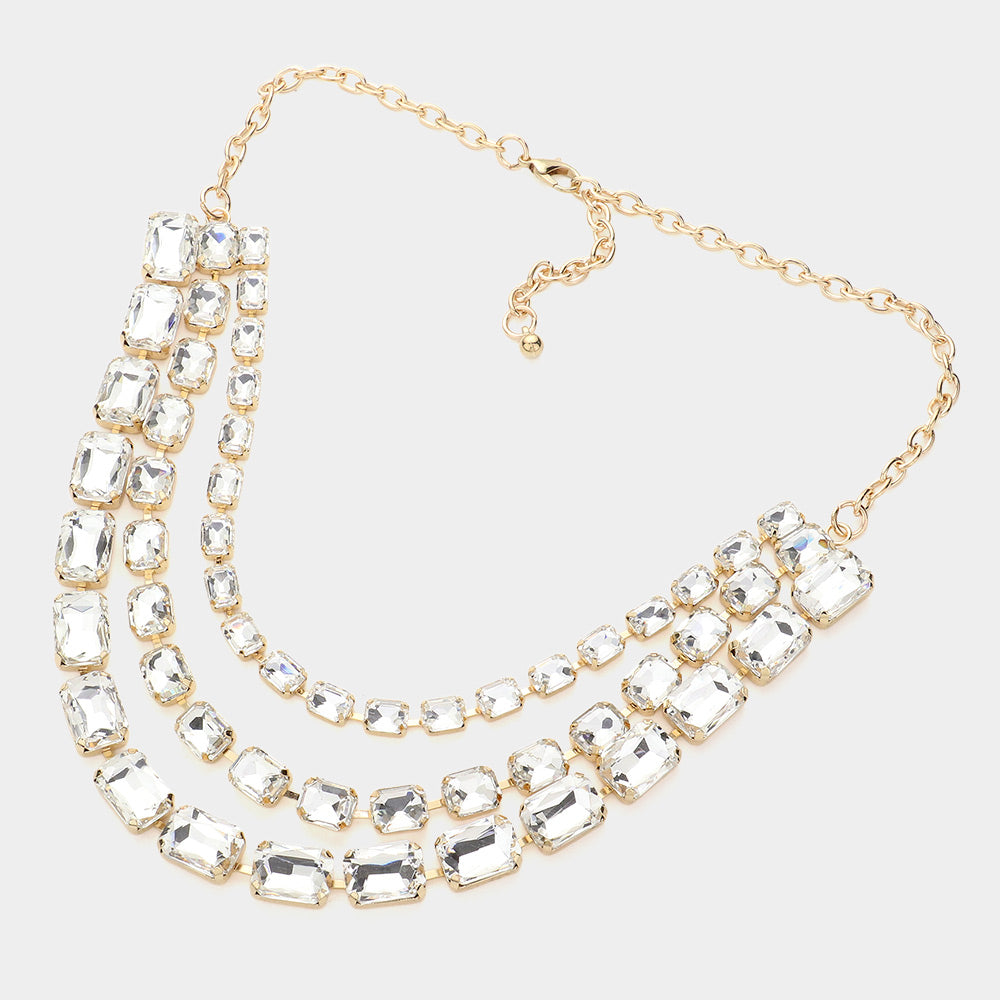 iLLASPARKZ Emerald Cut Stone Triple Layered Bib Necklace