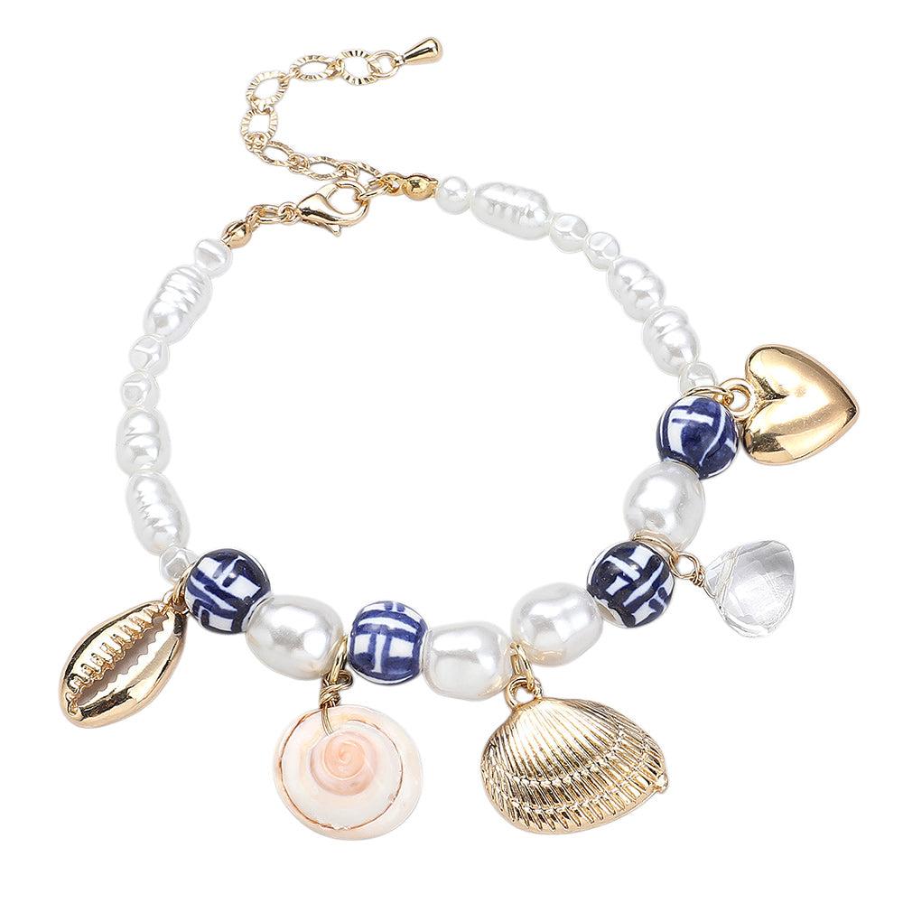 iLLASPARKZ Metal Puka Shell Heart Pearl Spiral Shell Charm Pearl Ceramic Ball Beaded Bracelet