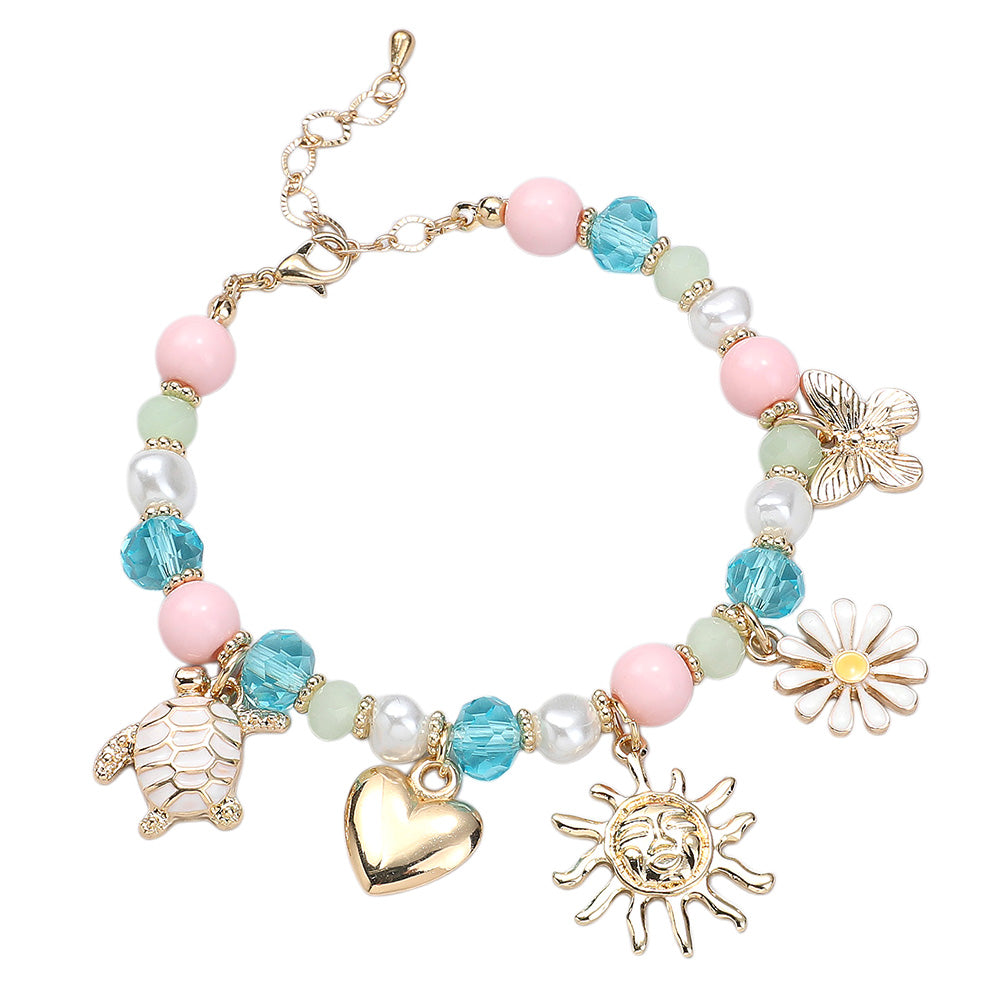 iLLASPARKZ Enamel Turtle Flower Metal Heart Butterfly Sun Charm Beaded Bracelet