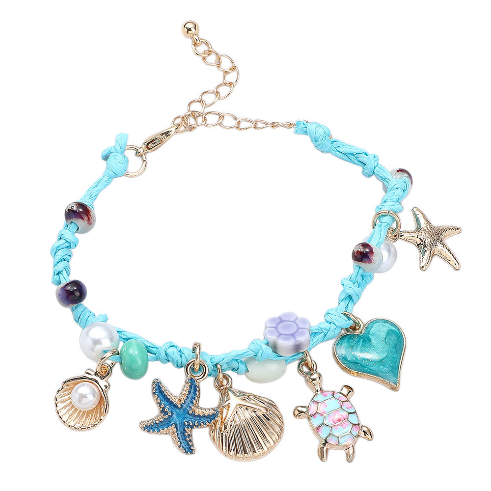 iLLASPARKZ Enamel Starfish Turtle Metal Pearl Sea Shell Heart Charm Ceramic Flower Pearl Beaded Raffia Bracelet