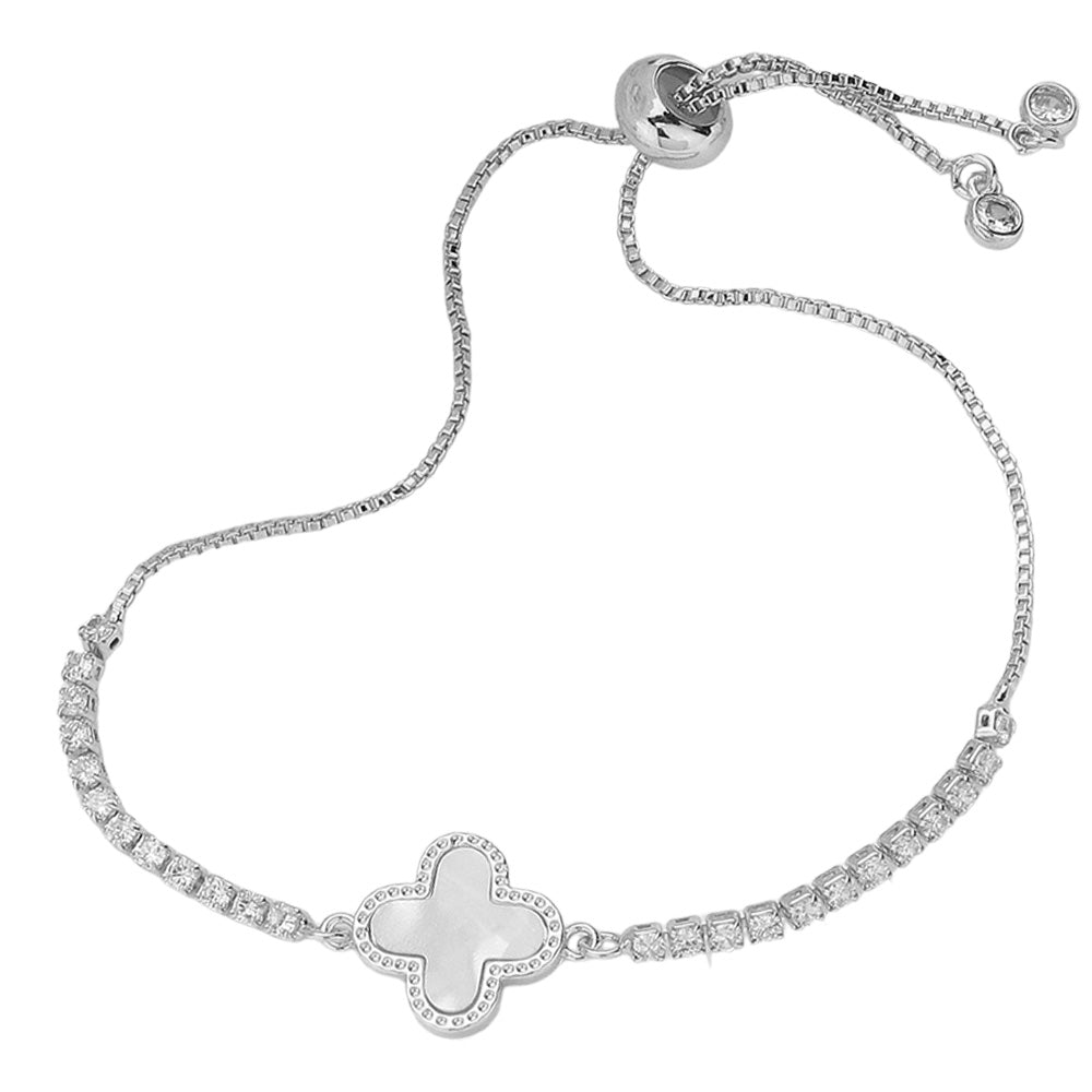 iLLASPARKZ Mother Of Pearl Quatrefoil Pointed Brass Metal Round CZ Stone Adjustable Pull Tie Bracelet