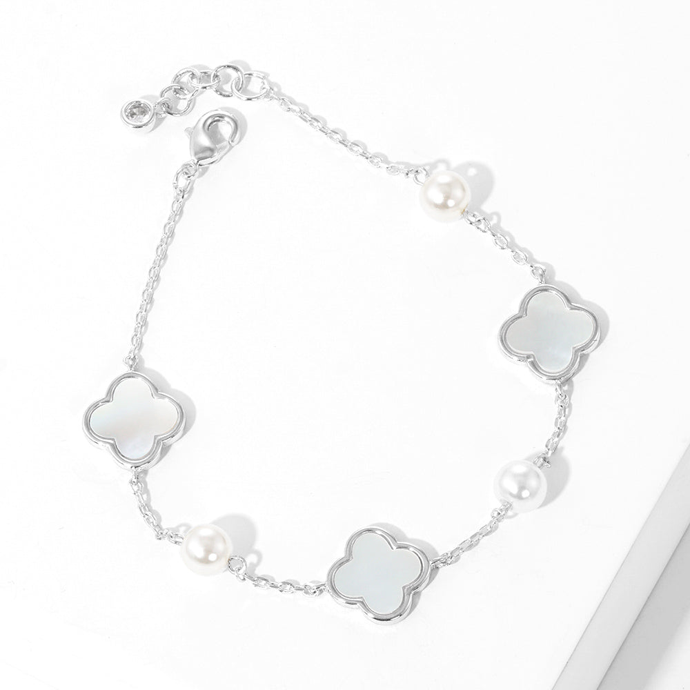 iLLASPARKZ White Gold Dipped Mother of Pearl Quatrefoil Station Bracelet