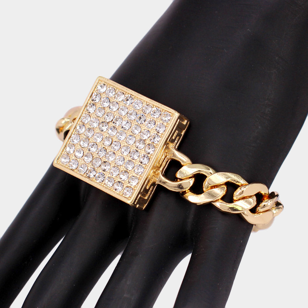 iLLASPARKZ Rhinestone Embellished Square Pendant Metal Link Bracelet