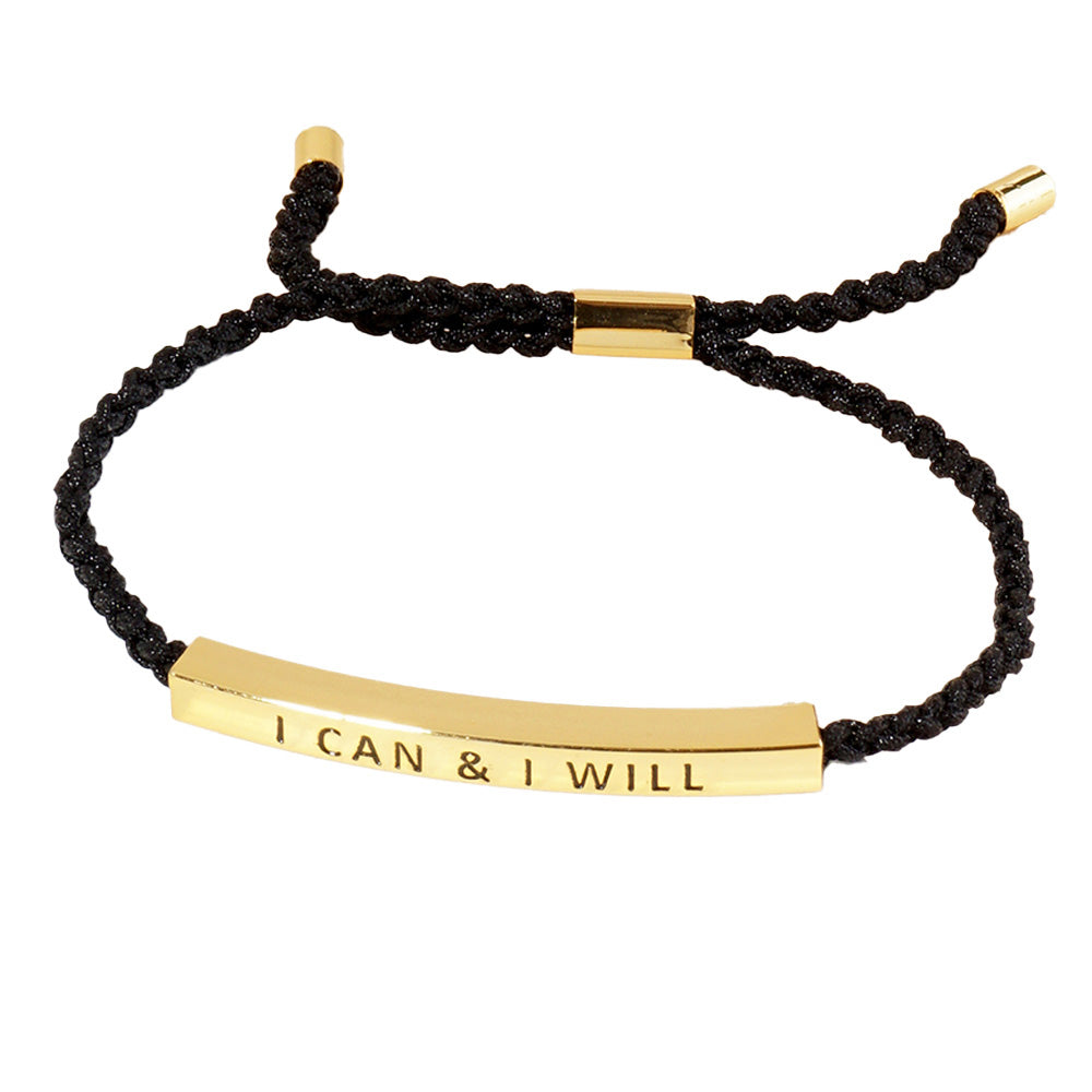 iLLASPARKZ Gold Dipped I CAN I WILL Message Bar Pointed Rope Adjustable Cinch Pull Tie Bracelet