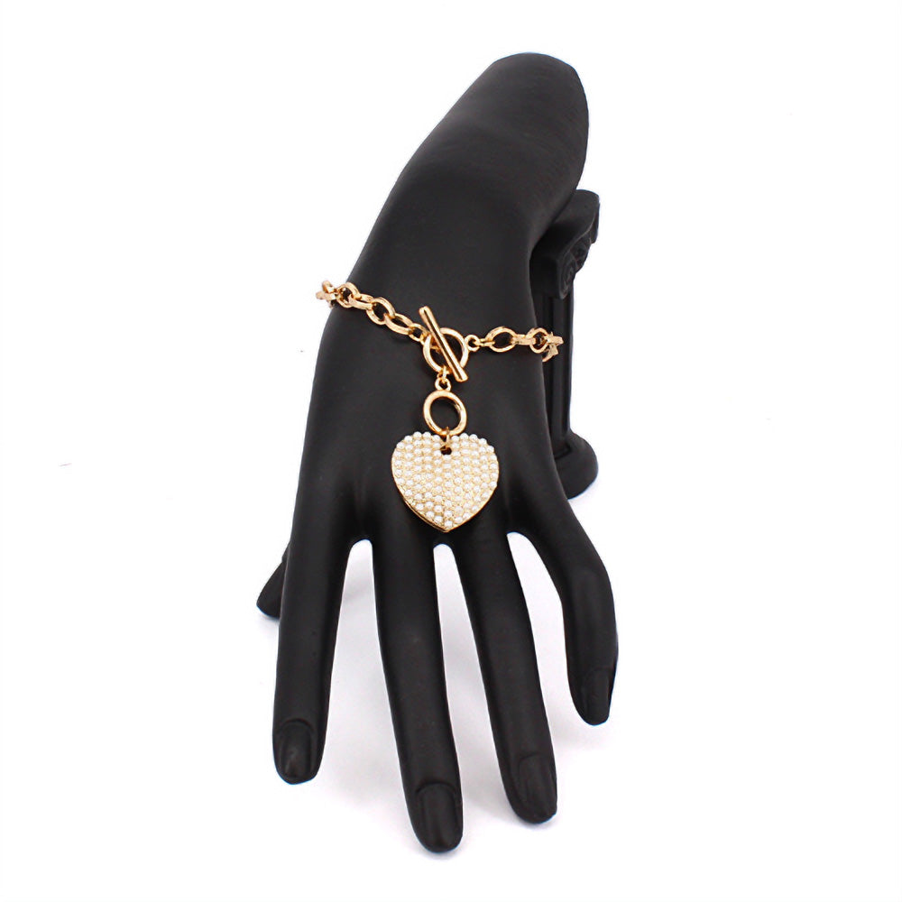 iLLASPARKZ Pearl Paved Heart Pendant Metal Toggle Bracelet