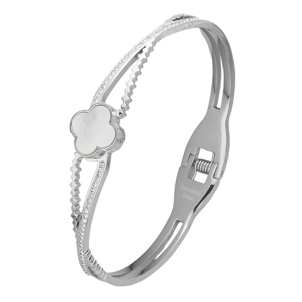 iLLASPARKZ Mother Of Pearl Quatrefoil Pointed Stone Paved Stainless Steel Hinged Bangle Bracelet