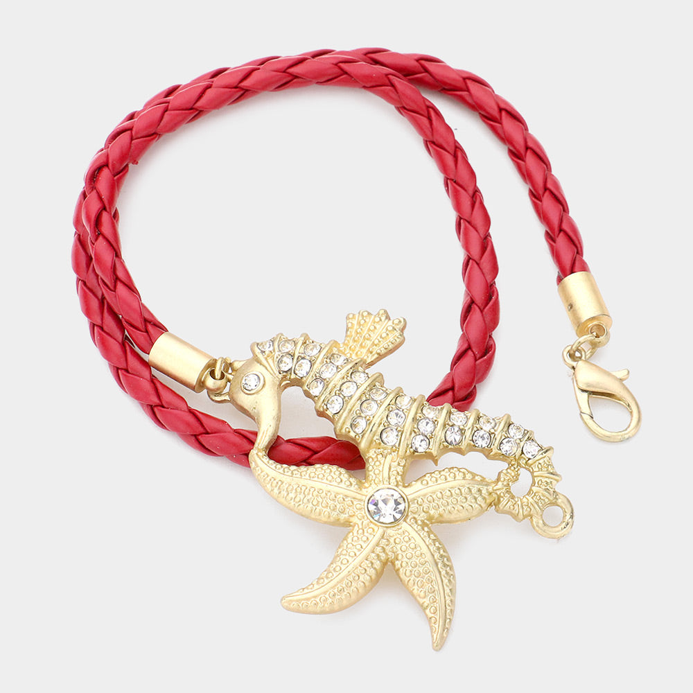 iLLASPARKZ Stone Embellished Starfish Seahorse Braided Faux Leather Wrap Bracelet