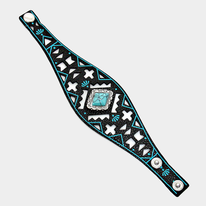 iLLASPARKZ Howlite Stone Accented Laser Cut out Aztec Leather Bracelet