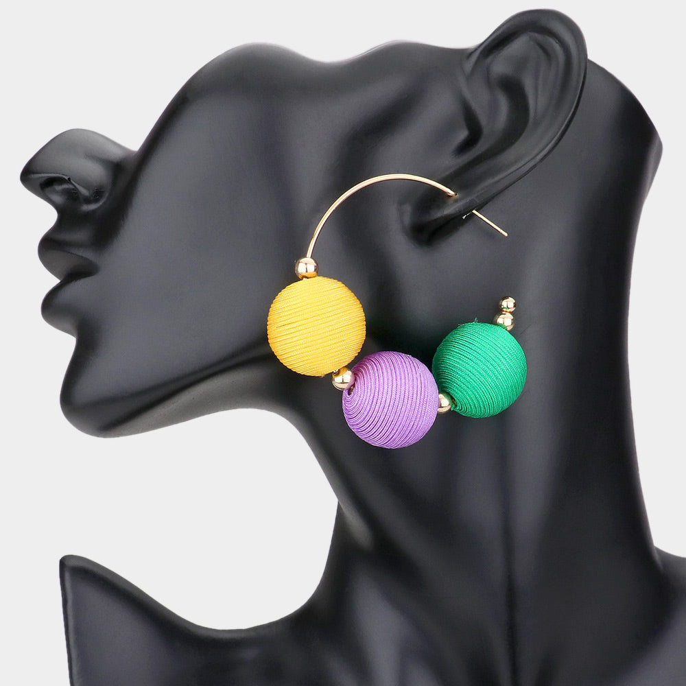 iLLASPARKZ Mardi Gras Thread Ball Accented Hoop Earrings