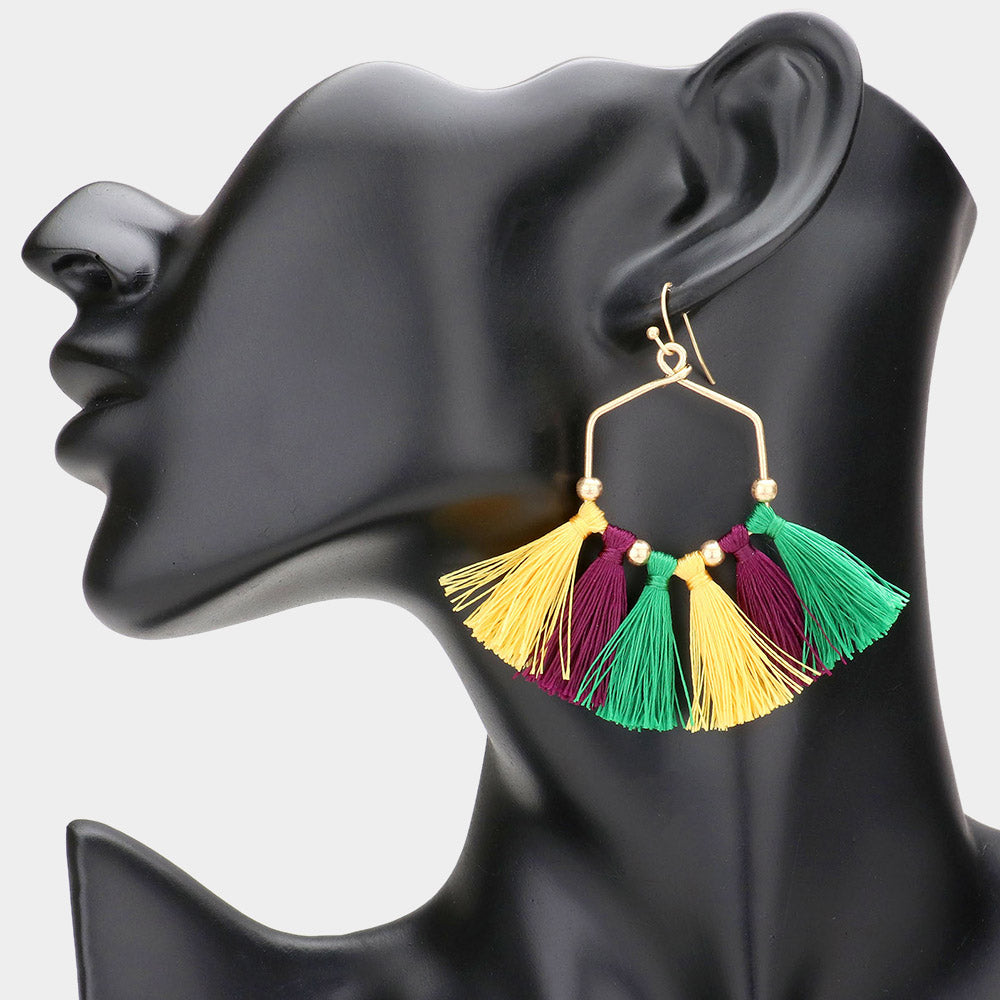 iLLASPARKZ Mardi Gras Open Metal Hexagon Tassel Fringe Dangle Earrings