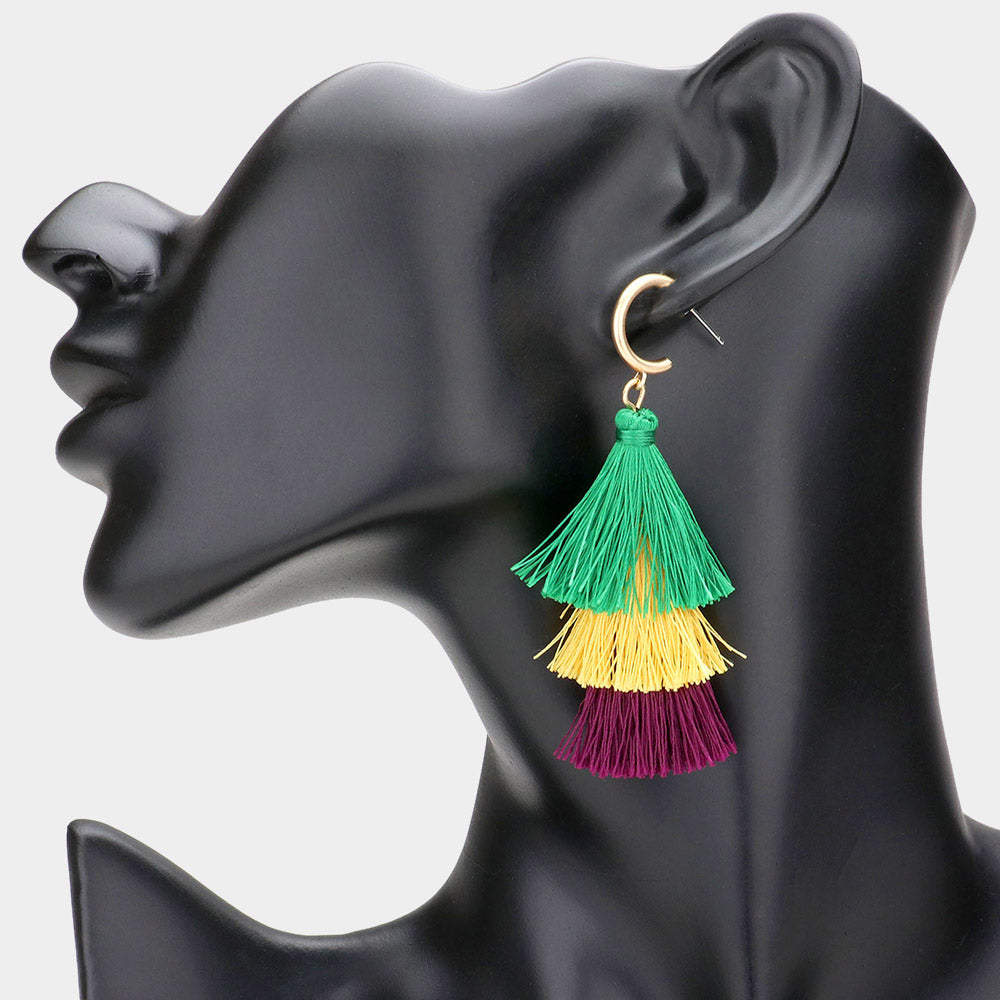 iLLASPARKZ Mardi Gras Metal Hoop Triple Layered Tassel Dangle Earrings