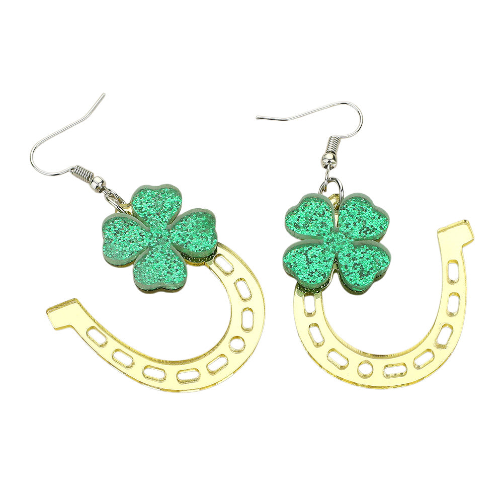 iLLASPARKZ St Patricks Day Glittered Resin Four Leaf Clover Pointed Horseshoe Dangle Earrings