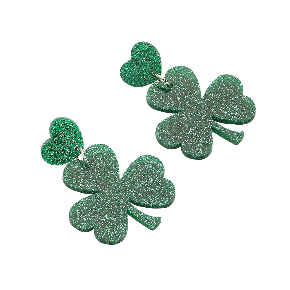 iLLASPARKZ St Patricks Day Glittered Resin Shamrock Clover Dangle Earrings