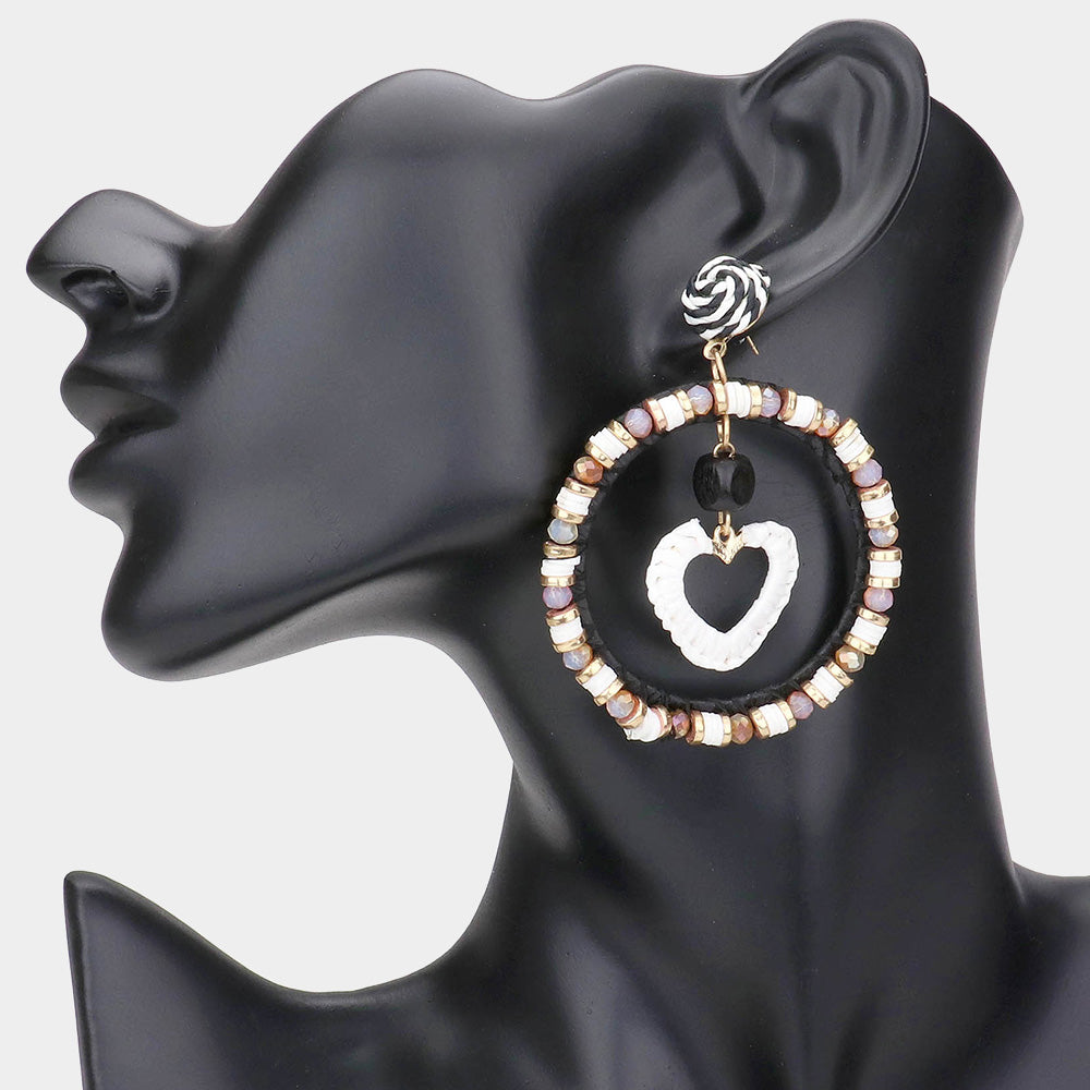 iLLASPARKZ Straw Heart Accented Heishi Faceted Beaded Open Circle Dangle Earrings