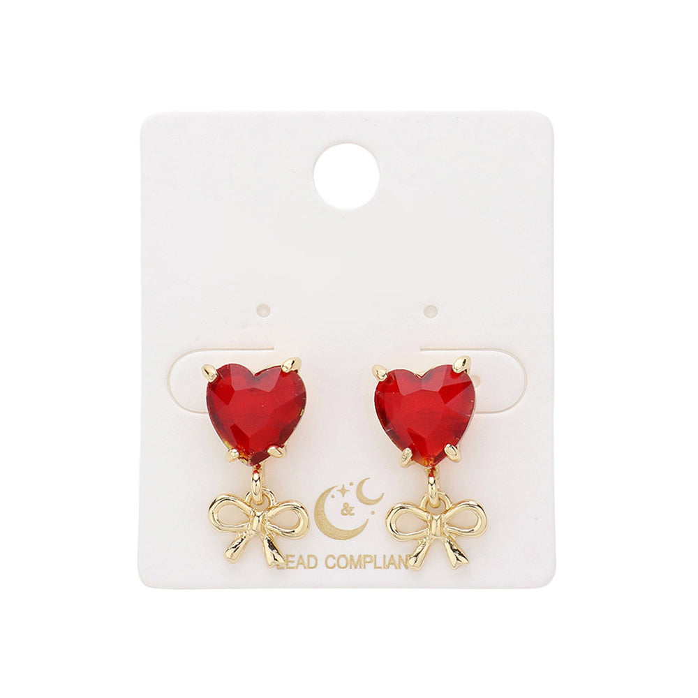 iLLASPARKZ Heart Glass Stone Cluster Metal Bow Dangle Earrings