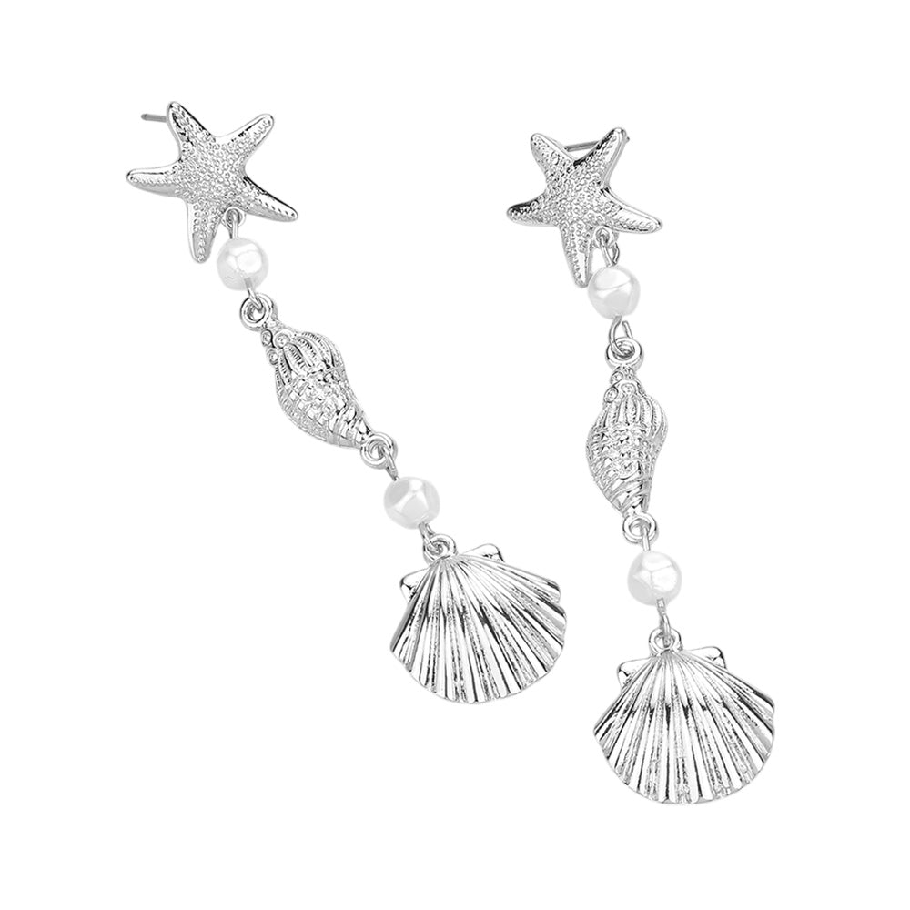 iLLASPARKZ Textured Metal Starfish Puka Shell Shell Pearl Link Dropdown Earrings