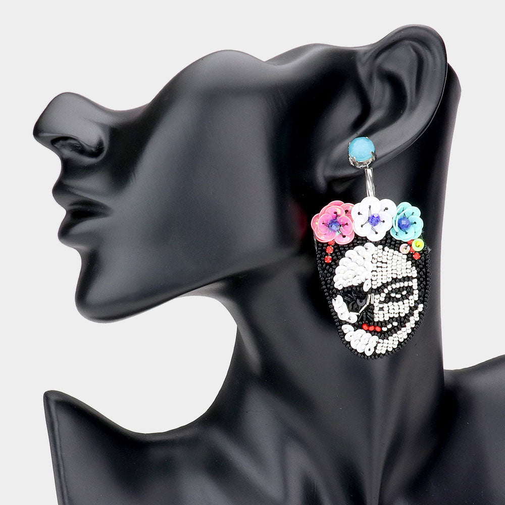 iLLASPARKZ Triple Flower Sequin Seed Beaded Skull Dangle Earrings