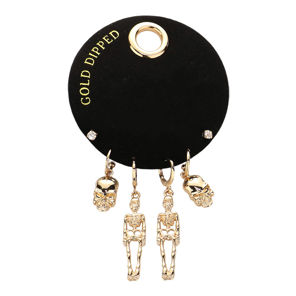 iLLASPARKZ SECRET BOX_Gold Dipped Halloween Metal Skeleton Stone Stud 3 Pairs Earring Set