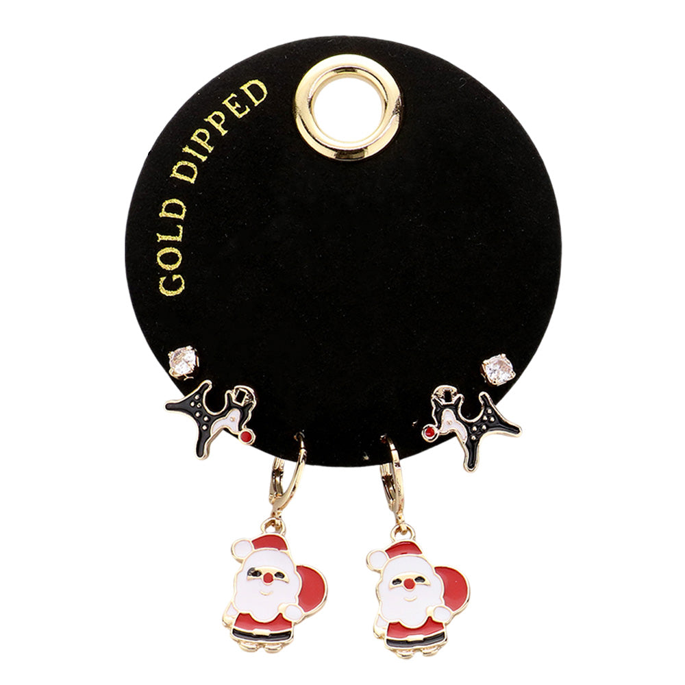 iLLASPARKZ SECRET BOX_Gold Dipped Enamel Santa Rudolph Stone Stud 3 Pairs Earring Set