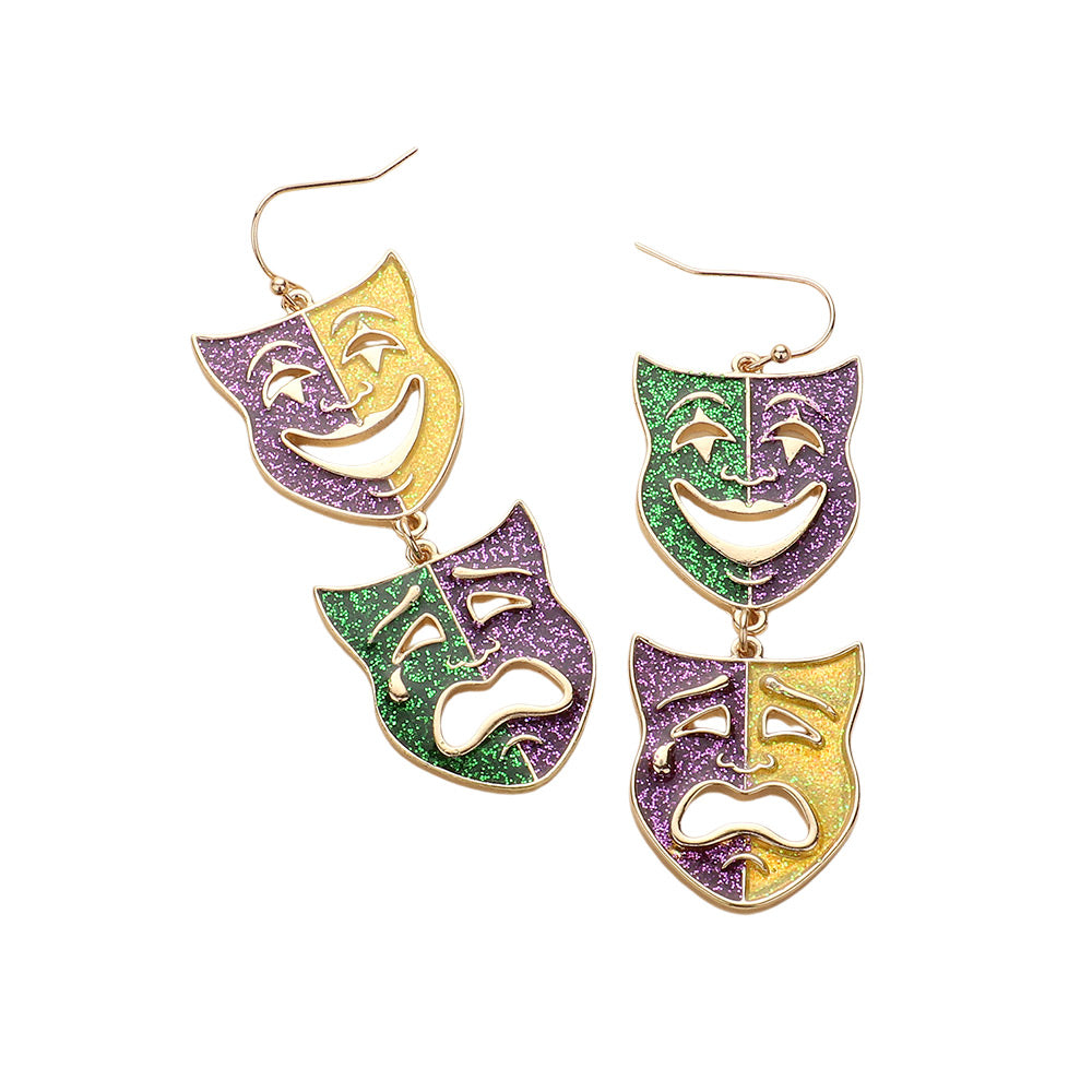 iLLASPARKZ Glittered Enamel Mardi Gras Mask Link Dropdown Dangle Earrings