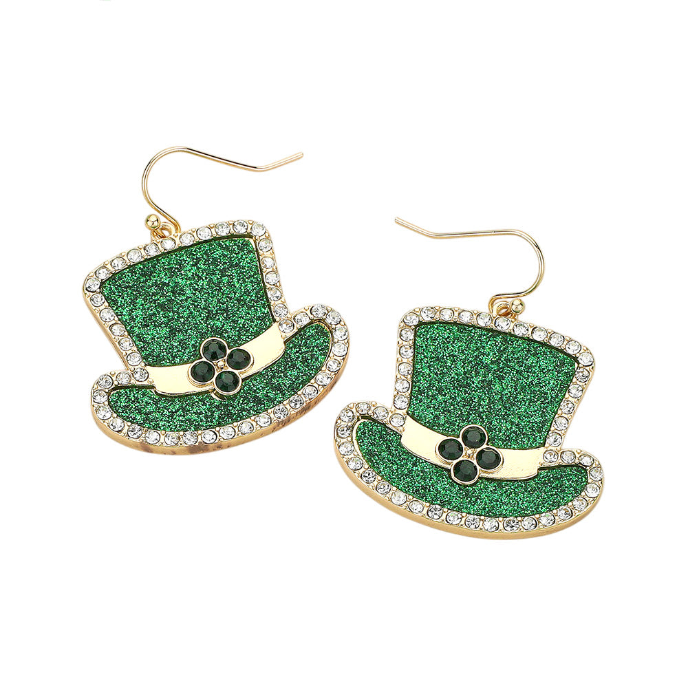 iLLASPARKZ St Patricks Day Stone Embellished Glittered Leprechaun Hat Dangle Earrings