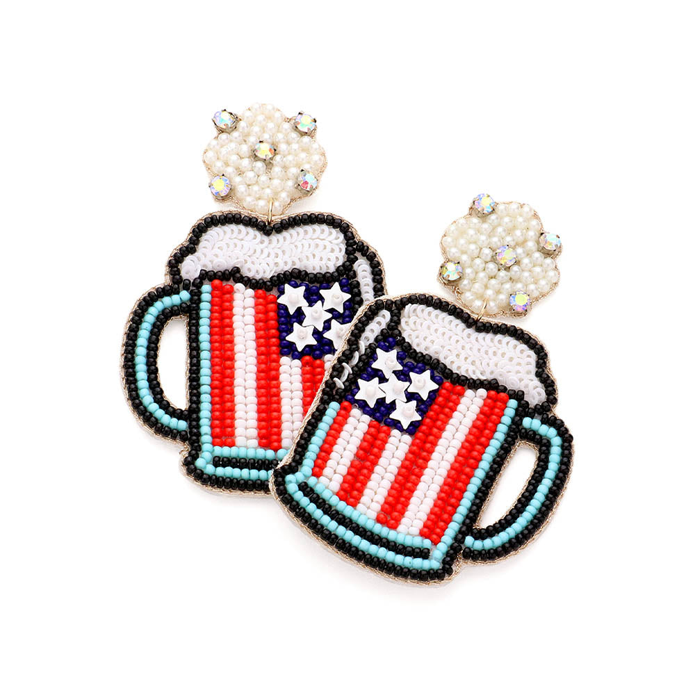 iLLASPARKZ Felt Back Pearl Cluster Quatrefoil American USA Flag Beer Link Dangle Earrings