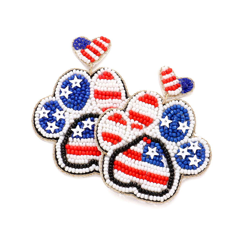 iLLASPARKZ Felt Back Seed Beaded Heart American USA Flag Paw Link Dangle Earrings