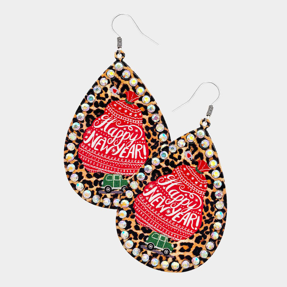 iLLASPARKZ Happy New Year Message Printed Stone Trimmed Metal Teardrop Dangle Earrings