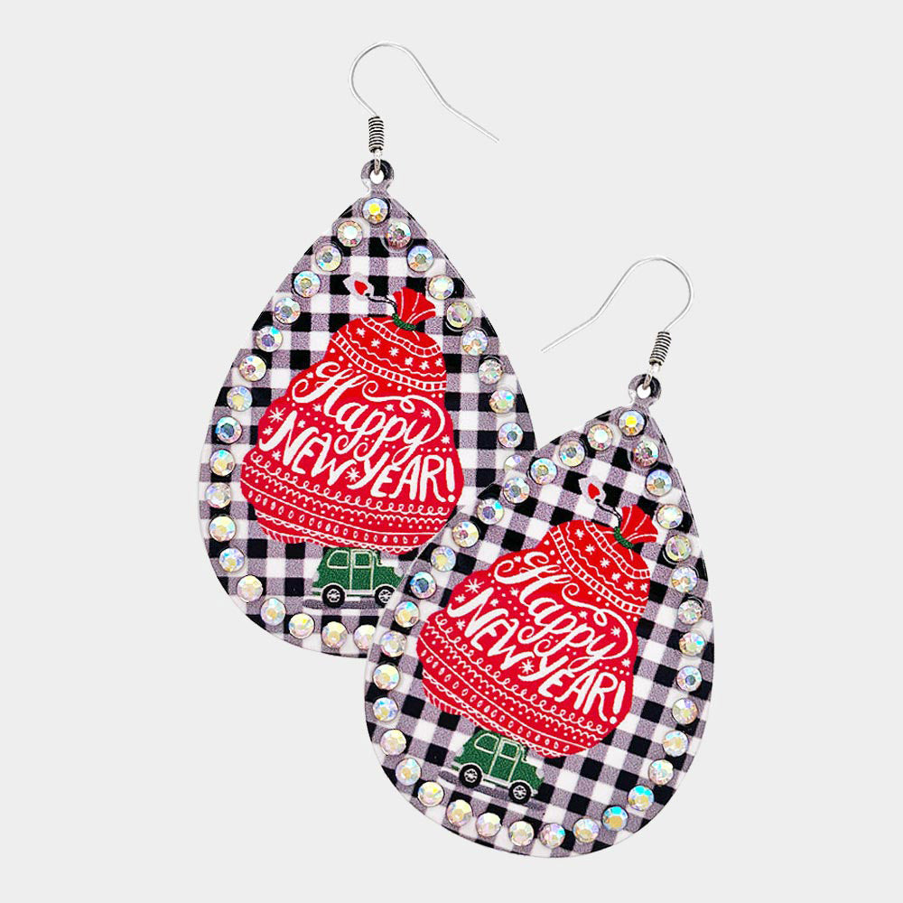 iLLASPARKZ Happy New Year Message Printed Stone Trimmed Metal Teardrop Dangle Earrings