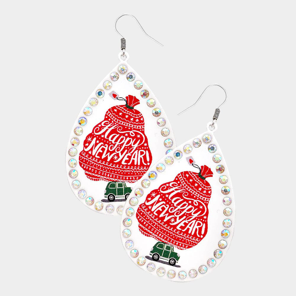 iLLASPARKZ Happy New Year Message Printed Stone Trimmed Metal Teardrop Dangle Earrings