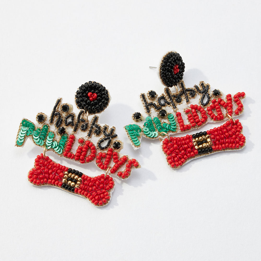 iLLASPARKZ Happy Pawlidays Message Felt Back Seed Beaded Dog Bone Dangle Earrings