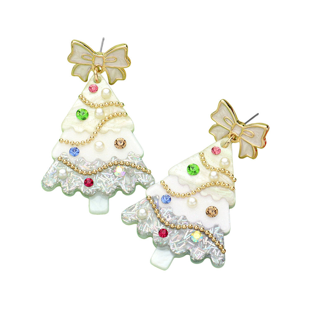 iLLASPARKZ Stone Pearl Embellished Resin Christmas Tree Dangle Earrings