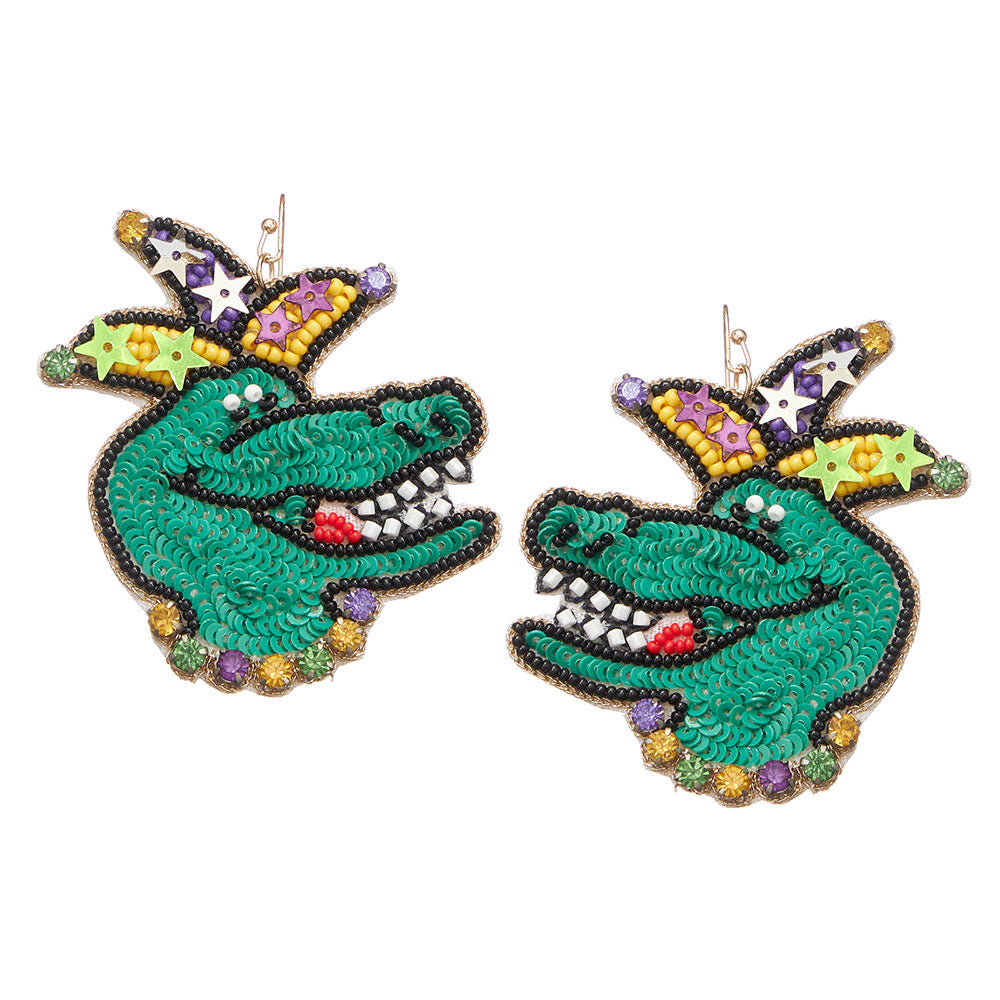 iLLASPARKZ Mardi Gras Felt Back Beaded Alligator Dangle Earrings