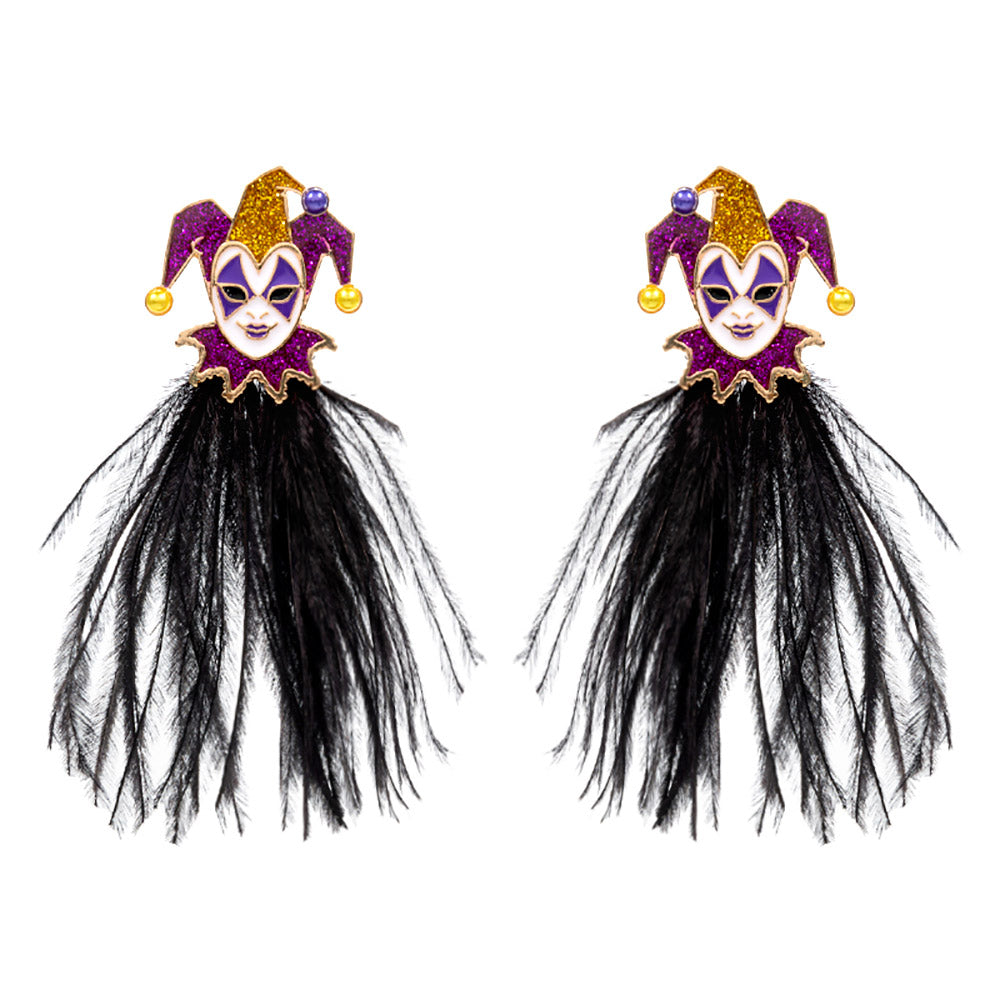 iLLASPARKZ Mardi Gras Glittered Jester Pierrot Feather Earrings