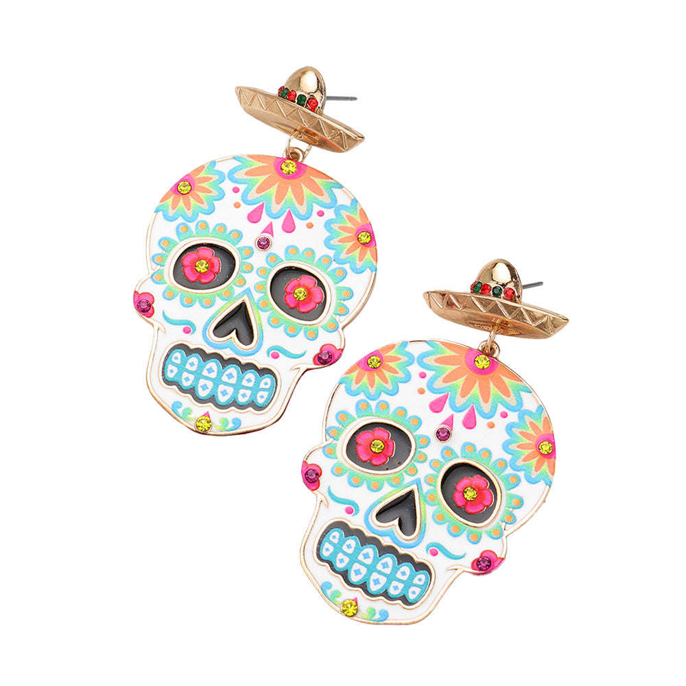 iLLASPARKZ Stone Pointed Enamel Sugar Skull Dangle Earrings