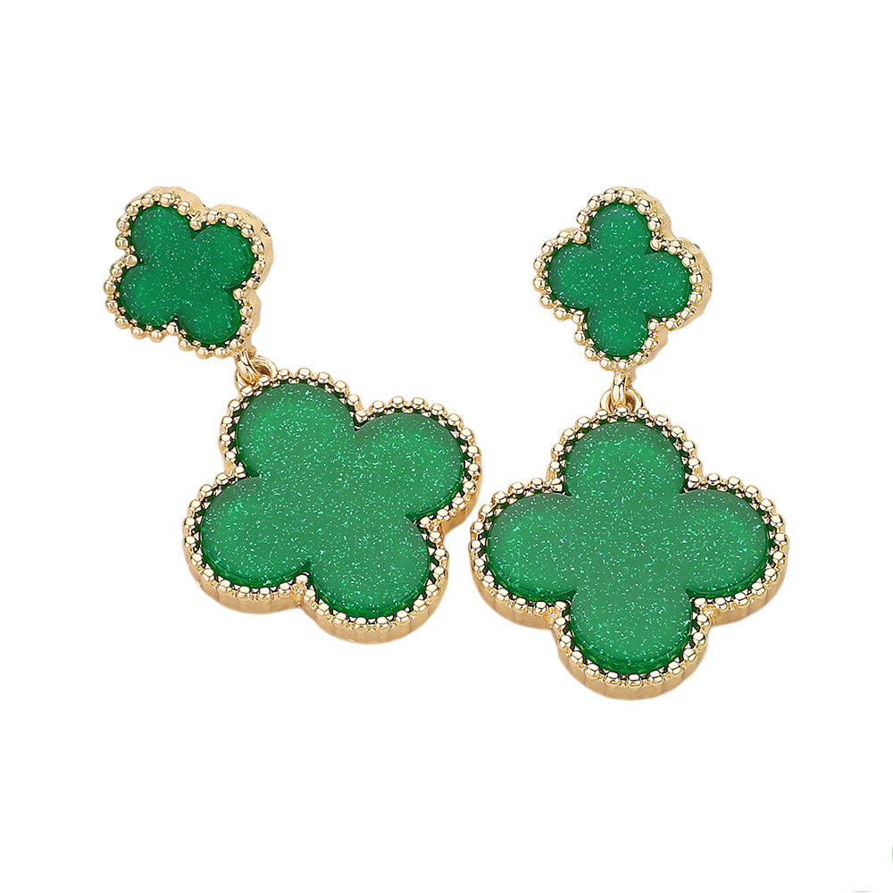 iLLASPARKZ St Patricks Day Glittered Resin Double Quatrefoil Dangle Earrings