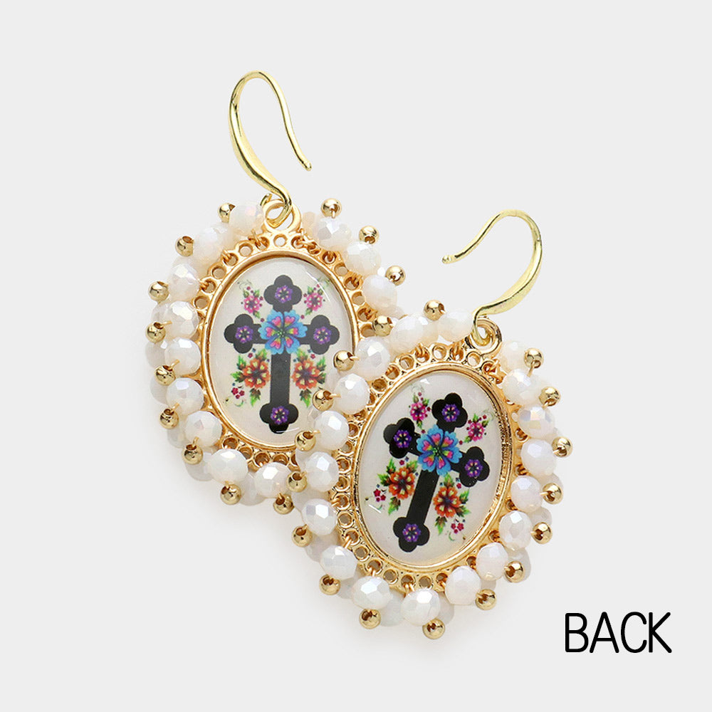 iLLASPARKZ Virgin Mary Cross Printed Faceted Bead Cluster Dangle Earrings