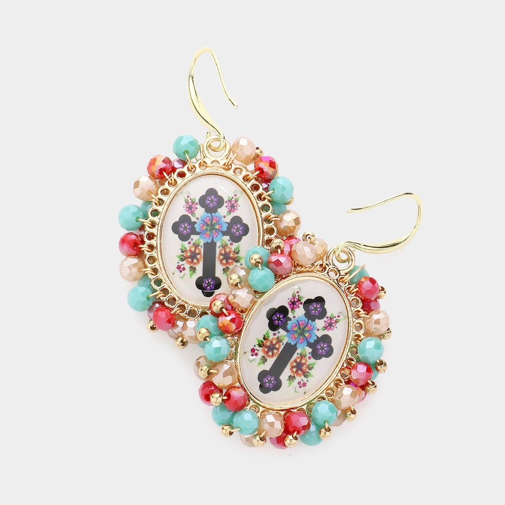 iLLASPARKZ Virgin Mary Cross Printed Faceted Bead Cluster Dangle Earrings