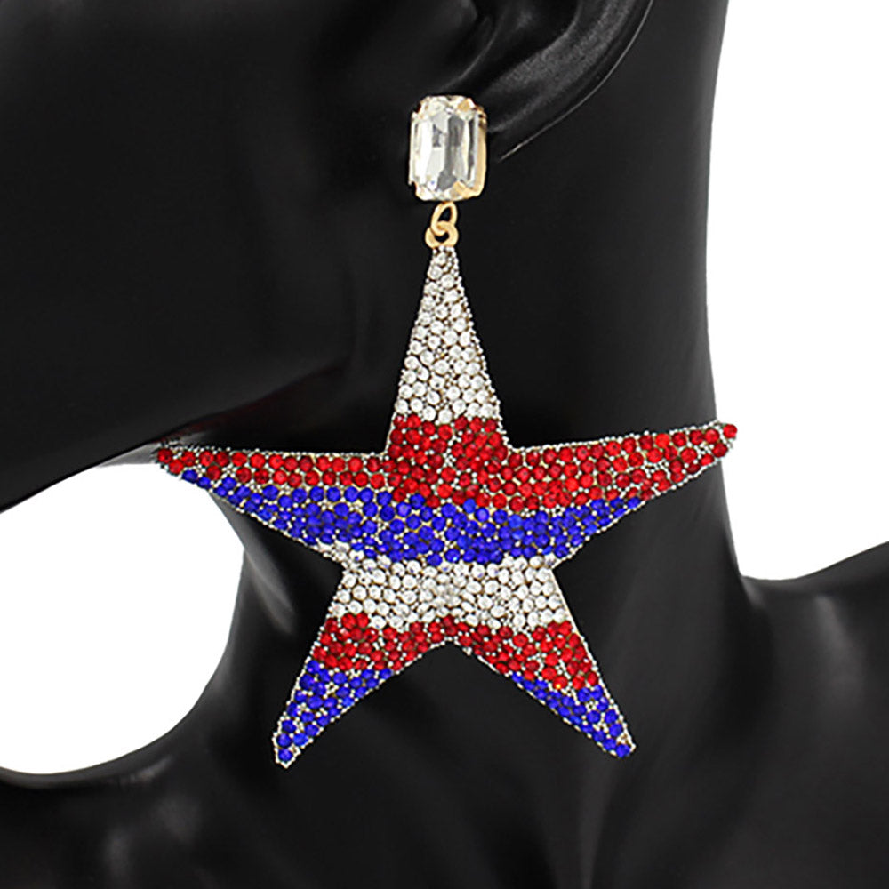 iLLASPARKZ American USA Flag Rhinestone Embellished Metal Star Dangle Earrings