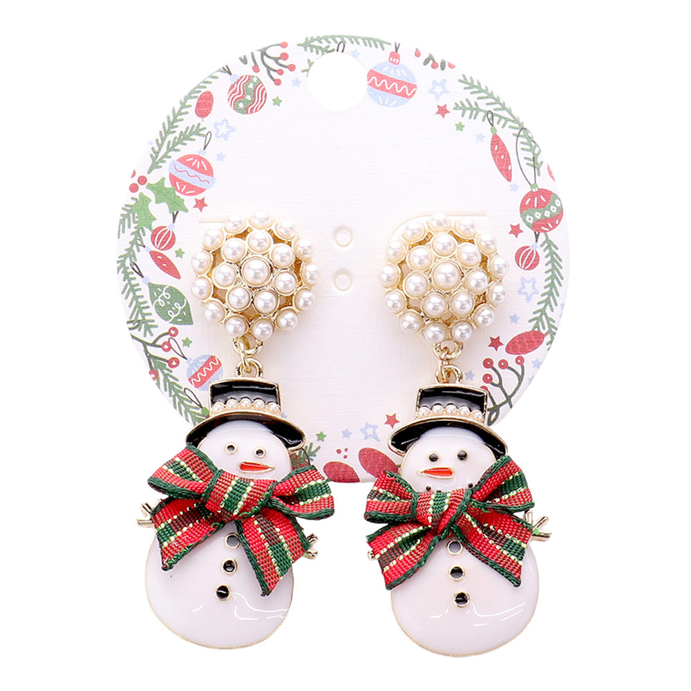 iLLASPARKZ Pearl Bow Pointed Enamel Christmas Snowman Dangle Earrings