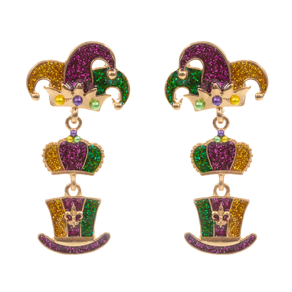 iLLASPARKZ Glittered Enamel Mardi Gras Jester Hat Link Dropdown Dangle Earrings