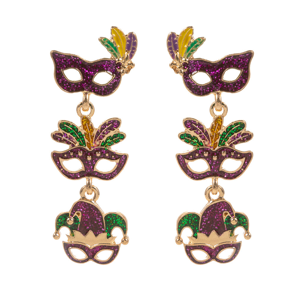 iLLASPARKZ Glittered Enamel Mardi Gras Mask Link Dropdown Dangle Earrings