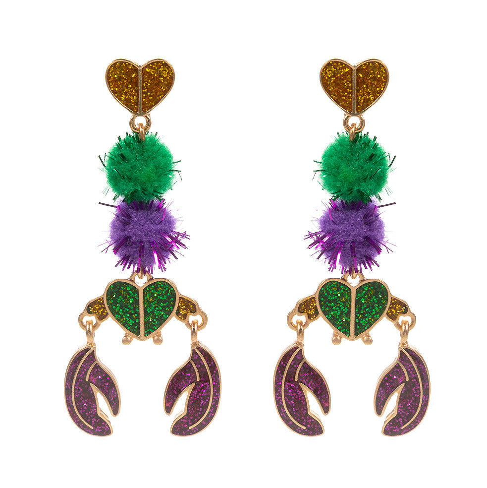 iLLASPARKZ Glittered Enamel Pom Pom Mardi Gras Crawfish Earrings