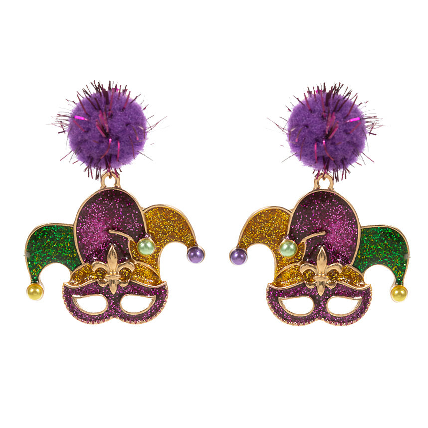 iLLASPARKZ Glittered Enamel Mardi Gras Jester Dangle Pom Earrings