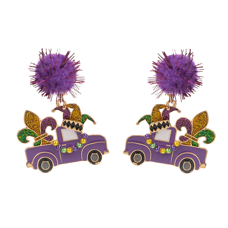 iLLASPARKZ Glittered Enamel Mardi Gras Truck Dangle Pom Earrings