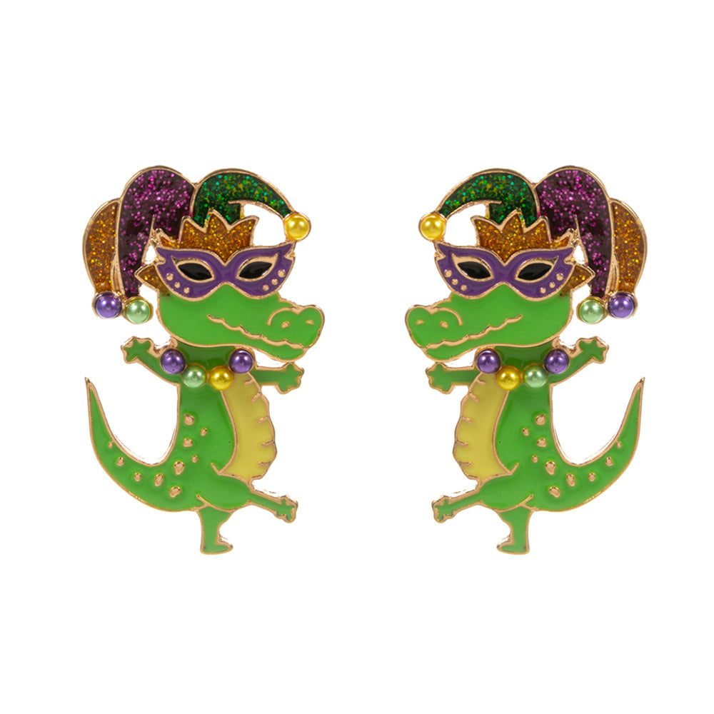 iLLASPARKZ Glittered Enamel Mardi Gras Alligator Earrings