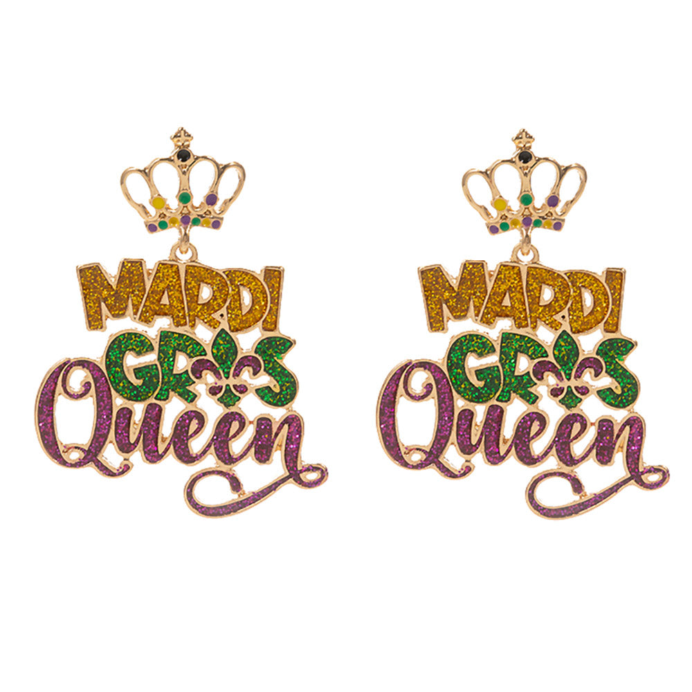 iLLASPARKZ Glittered Enamel MARDI GRAS QUEEN Message Dangle Earrings