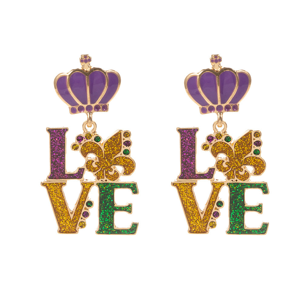 iLLASPARKZ Glittered Enamel Mardi Gras LOVE Message Dangle Earrings