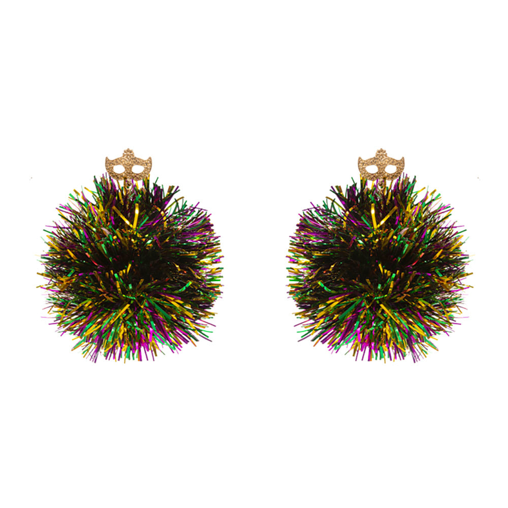 iLLASPARKZ Oversized Mardi Gras Tinsel Pom Pom Dangle Earrings